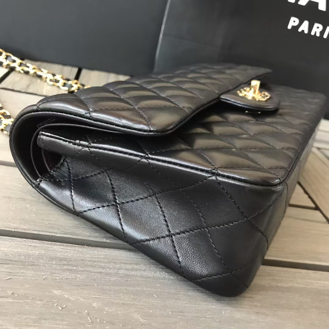 Ch*el small classic handbag gold  metal black 14.5×23×6cm