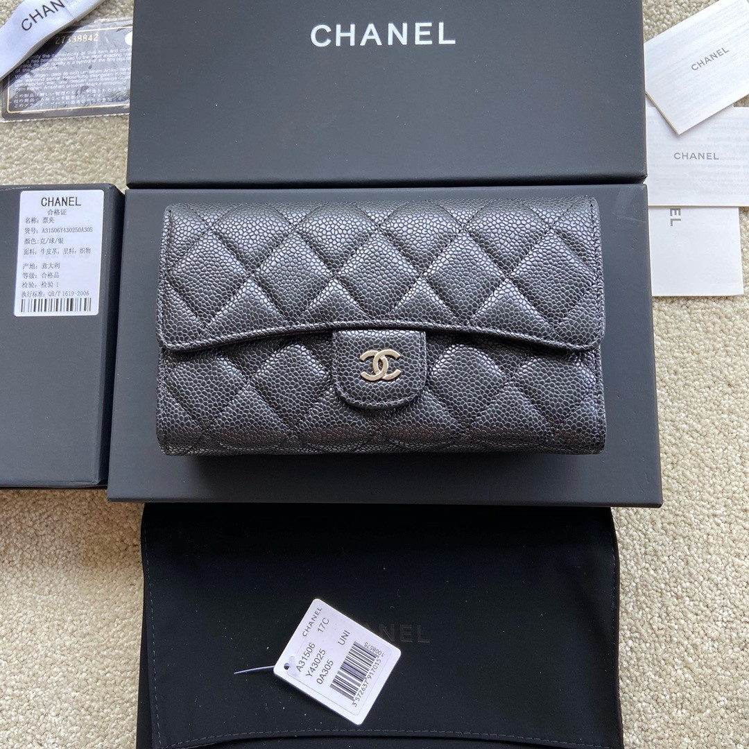 Ch*el flap wallet grained leather black 19.5 x10 cm
