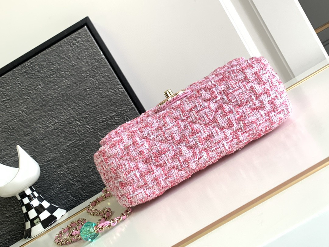 Ch*el flap bag pink tweed 14.5x18.5x6.5cm