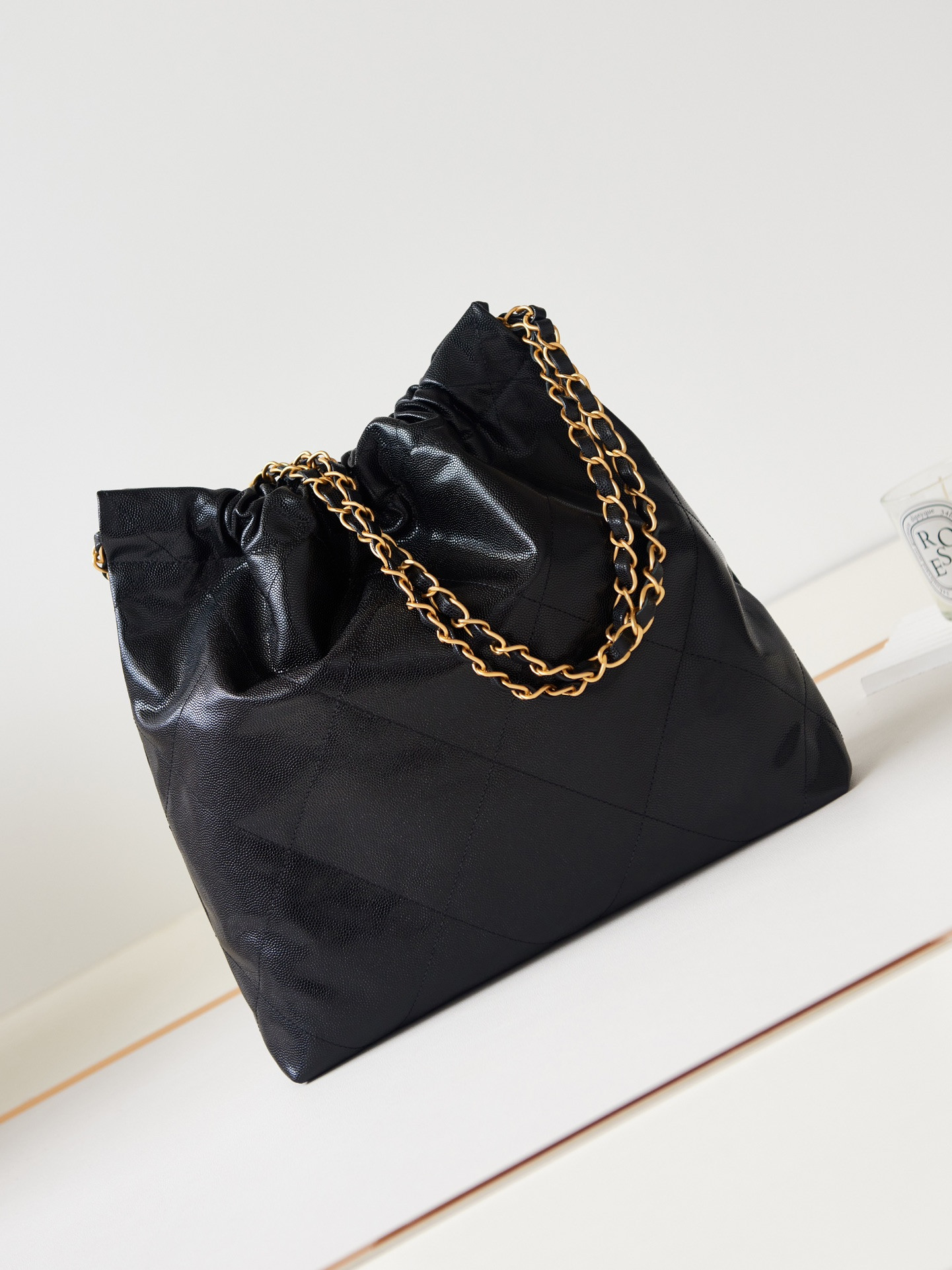 Ch*el 22 small handbag shiny calfskin & gold metal black 13.7×14.4×2.7 in