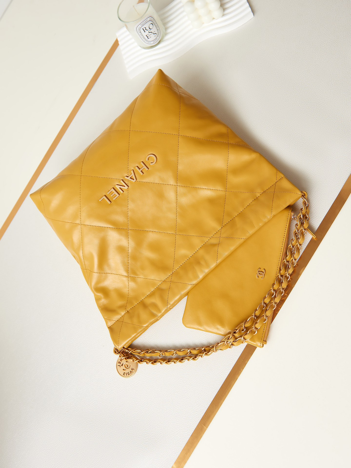 Ch*el 22 small handbag shiny calfskin yellow 13.7×14.4×2.7 in