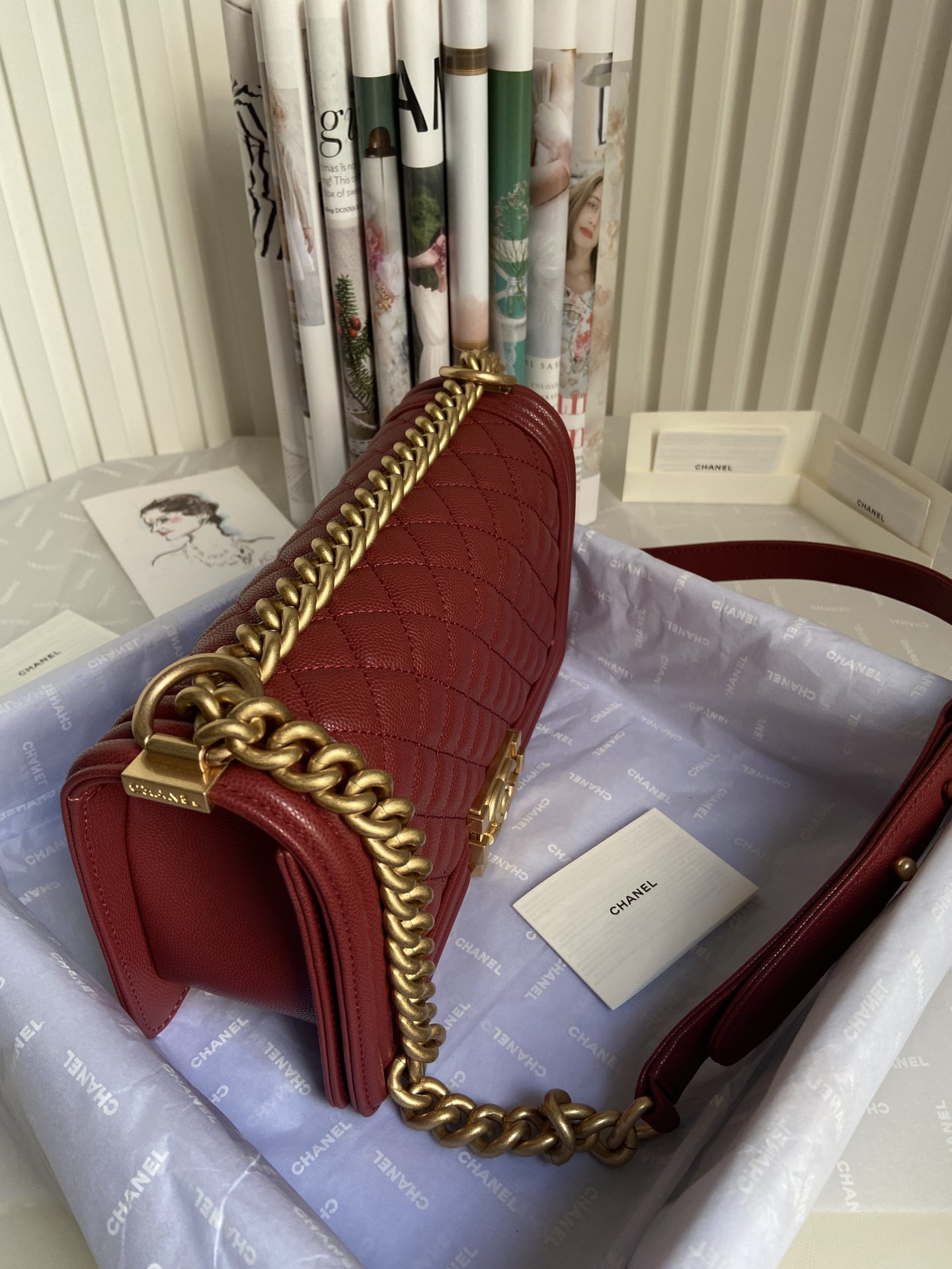 boy Ch*el handbag shiny grained calfskin & gold-tone metal red 5.9 × 9.8 × 3.5 in