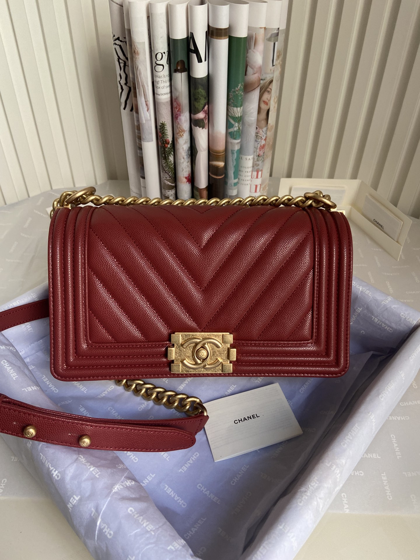 boy Ch*el handbag shiny grained calfskin & gold-tone metal red 5.9 × 9.8 × 3.5 in