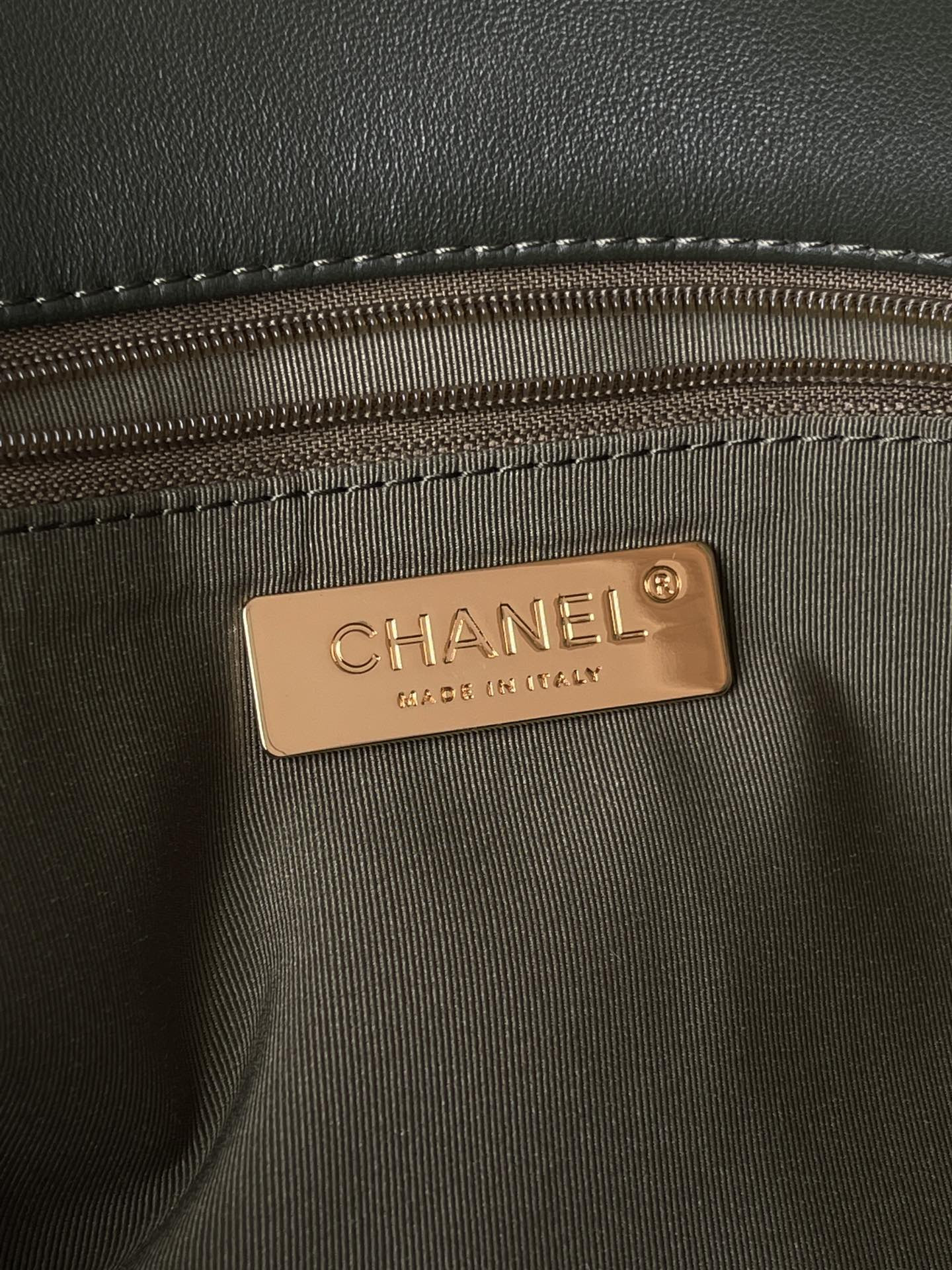 Ch*el 19 large handbag shiny leather, gold-tone, silver-tone & ruthenium-finish metal dark green 7.8 × 11.7 × 3.9 in