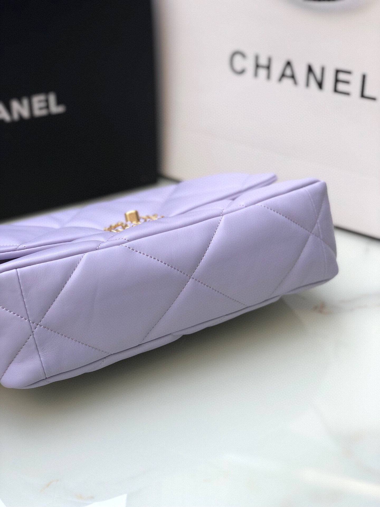Ch*el 19 large handbag shiny leather, gold-tone, silver-tone & ruthenium-finish metal purple 7.8 × 11.7 × 3.9 in