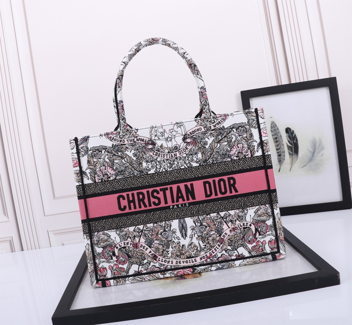 medium D*or book tote  white and pastel pink butterfly around the world embroidery 14 x 11 x 6.5 inches