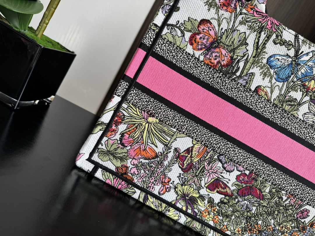 medium D*or book tote  white multicolor mexico millefiori embroidery 14 x 11 x 6.5 inches