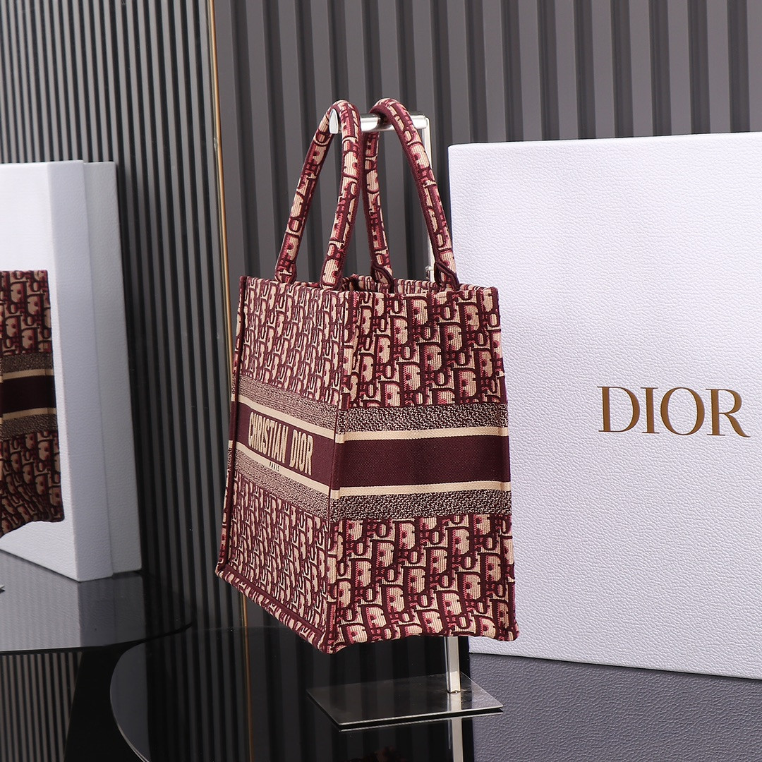 medium D*or book tote oblique burgundy 14 x 11 x 6.5 inches