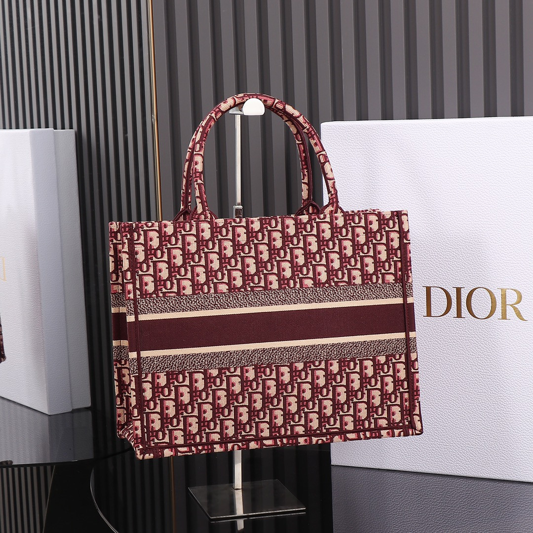 medium D*or book tote oblique burgundy 14 x 11 x 6.5 inches