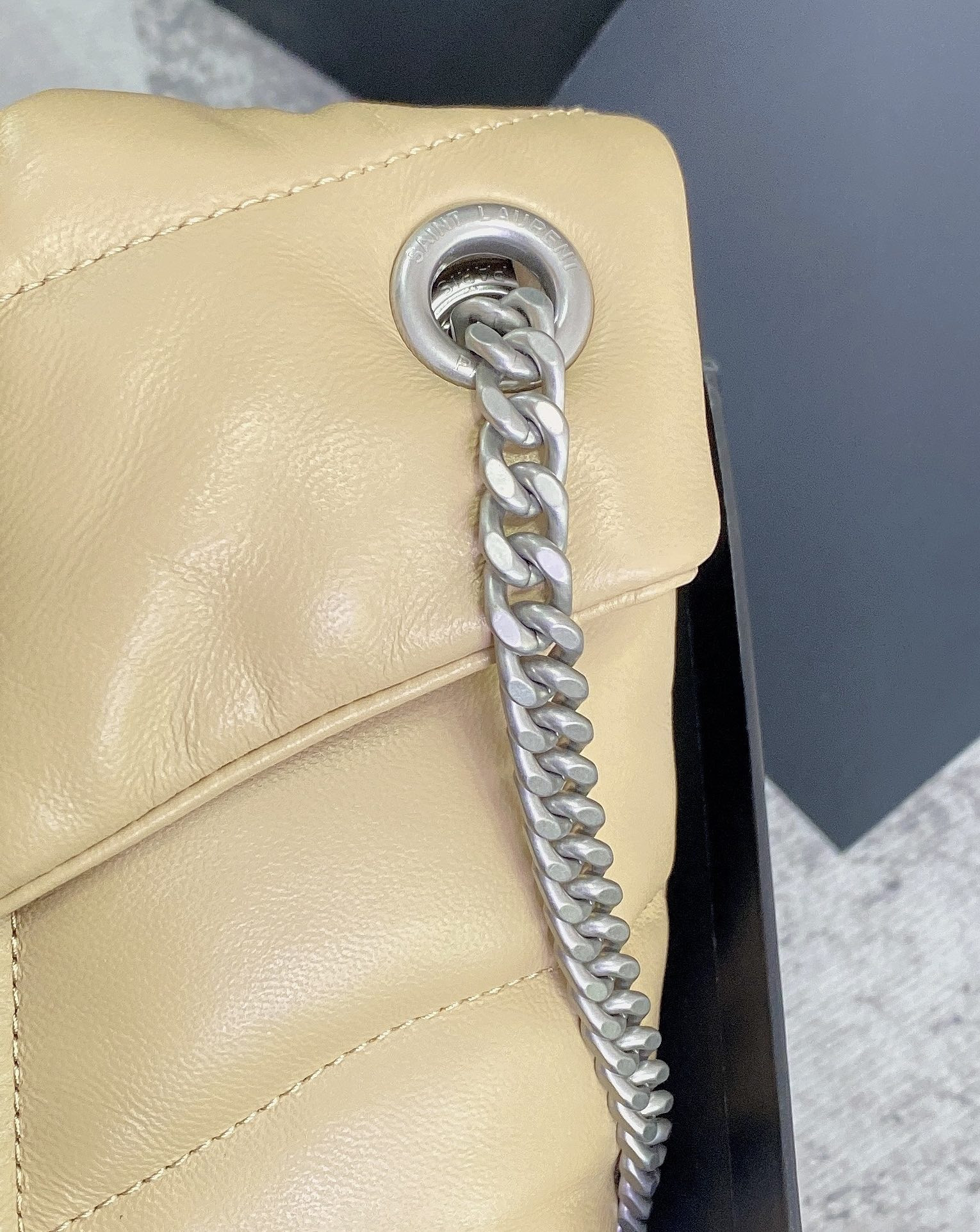 Y*L puffer small in nappa leather beige silver 11.4 x 6.6 x 4.3 inches