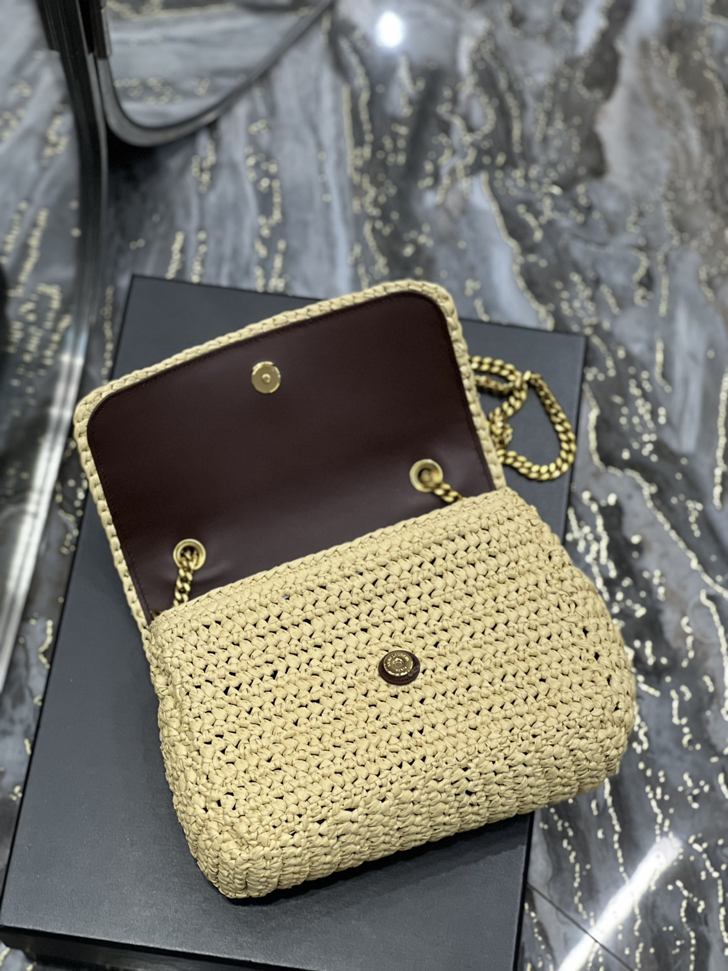 Y*L niki chain bag in raffia and leather beige 22×16.5×12 cm