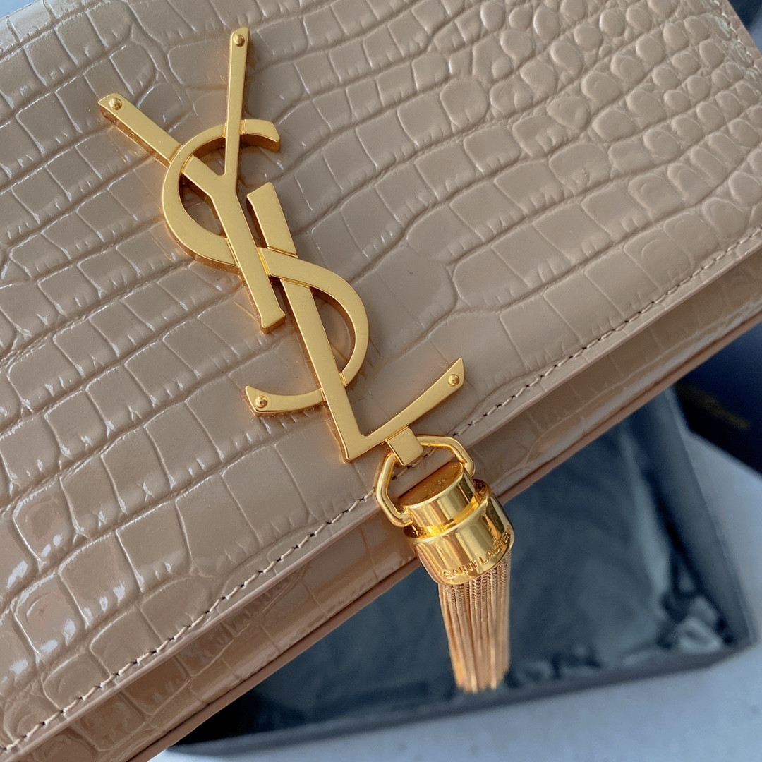 Y*L kate medium tassel in crocodile-embossed leather pink 9.4 x 5.7 x 2.1 inches