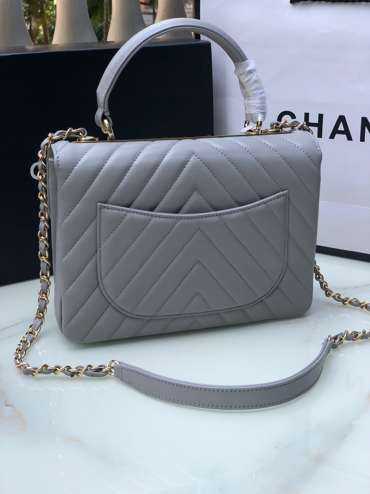 Ch*el flap bag with top handle gray 6.6 × 9.8 × 4.7 in