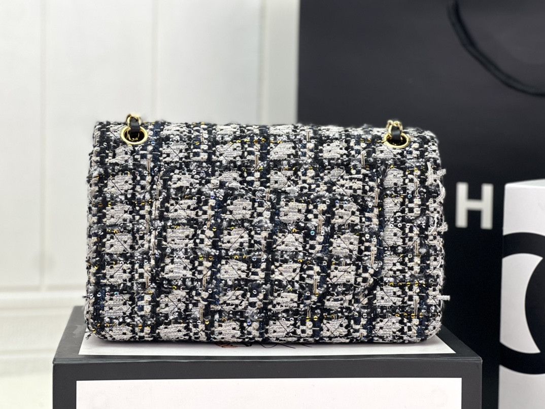 Ch*el classic 11.12 handbag tweed & gold-tone metal   6 × 9.9 × 2.5 in